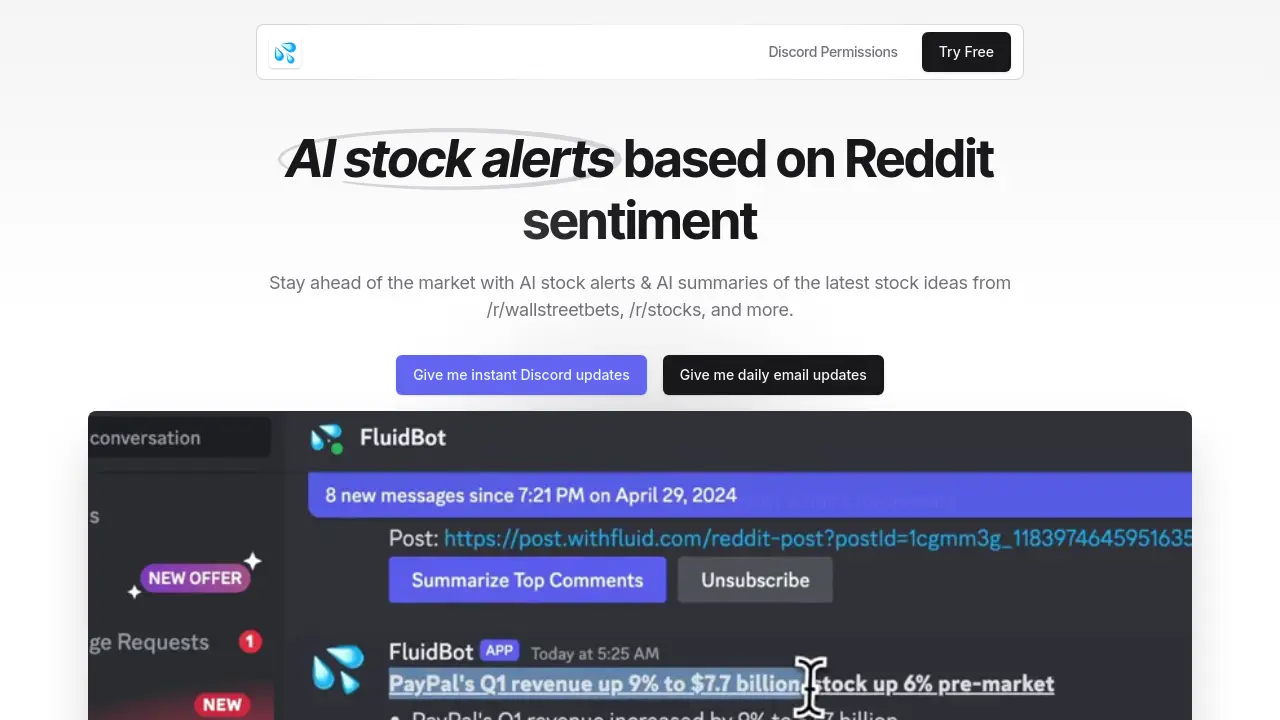 Screenshot of AI stock alerts based on Reddit sentiment