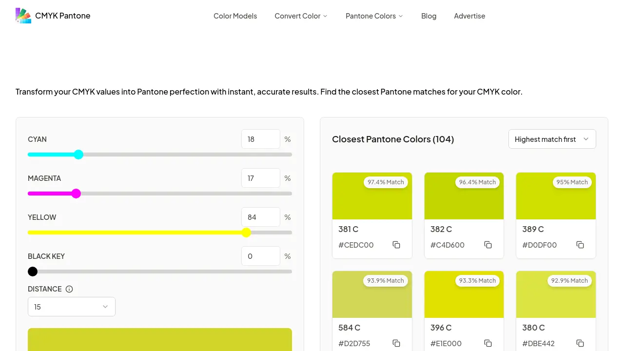 Screenshot of CMYK Pantone