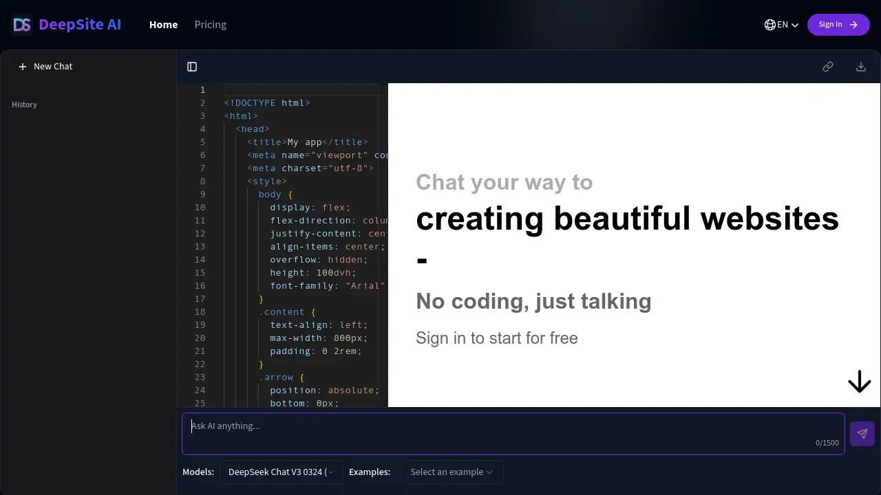 Screenshot of DeepSite AI