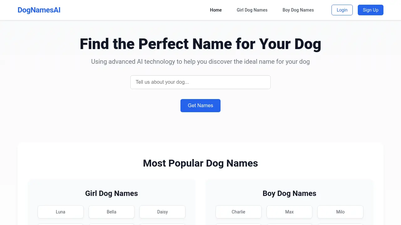 Screenshot of DogNamesAI