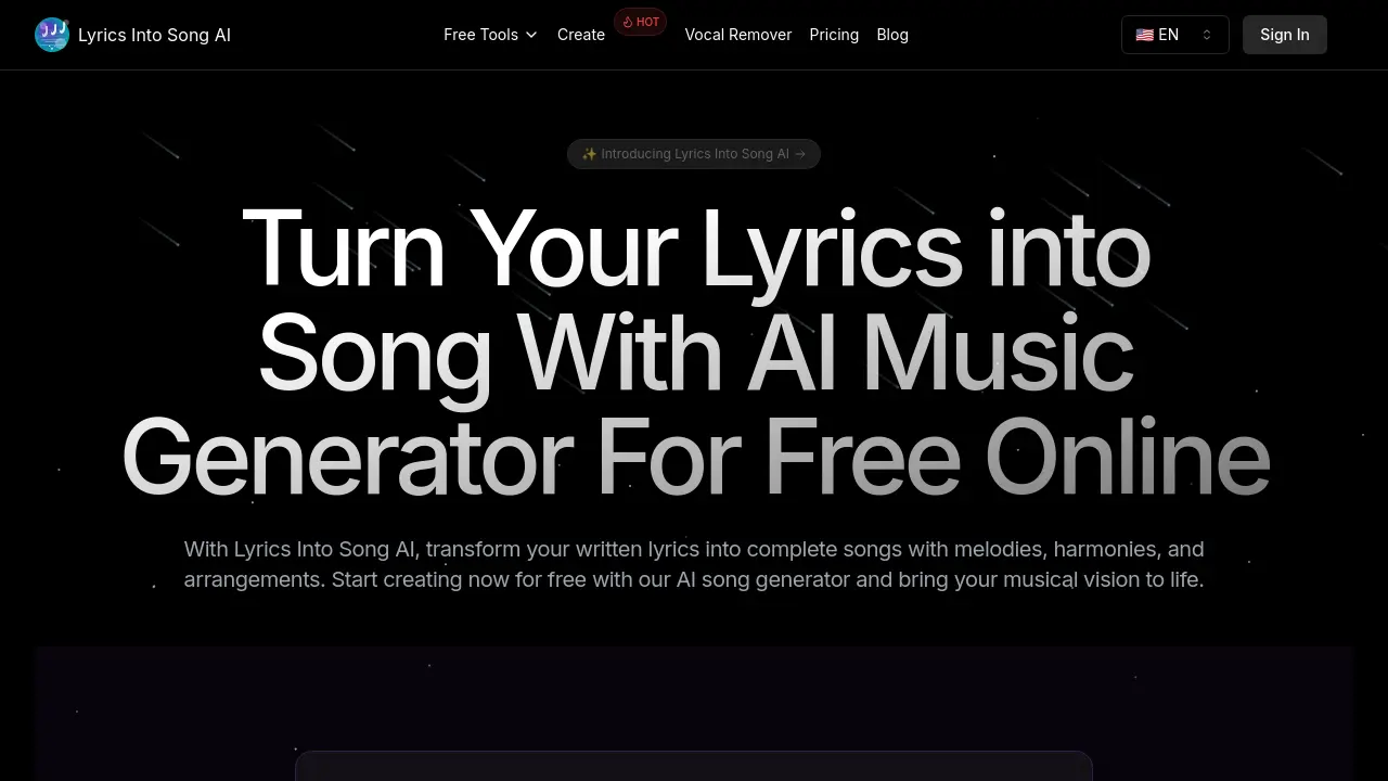 Screenshot of Lyrics Into Song AI