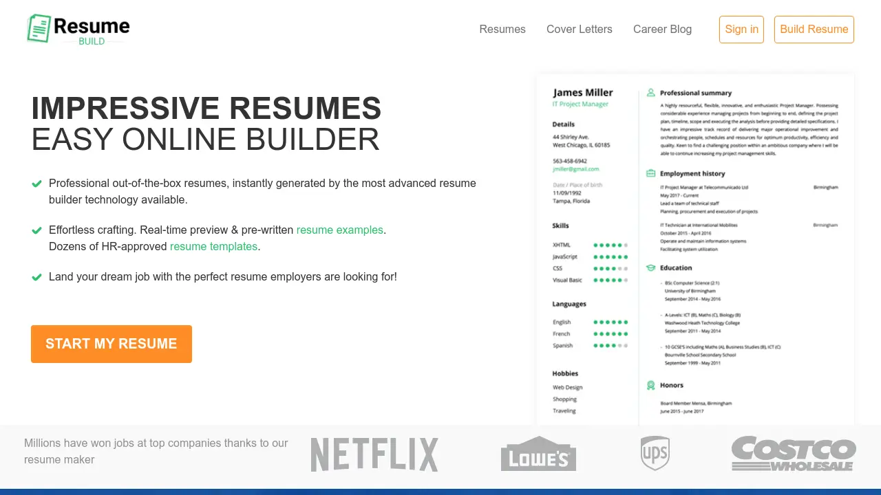 Screenshot of Resume Build